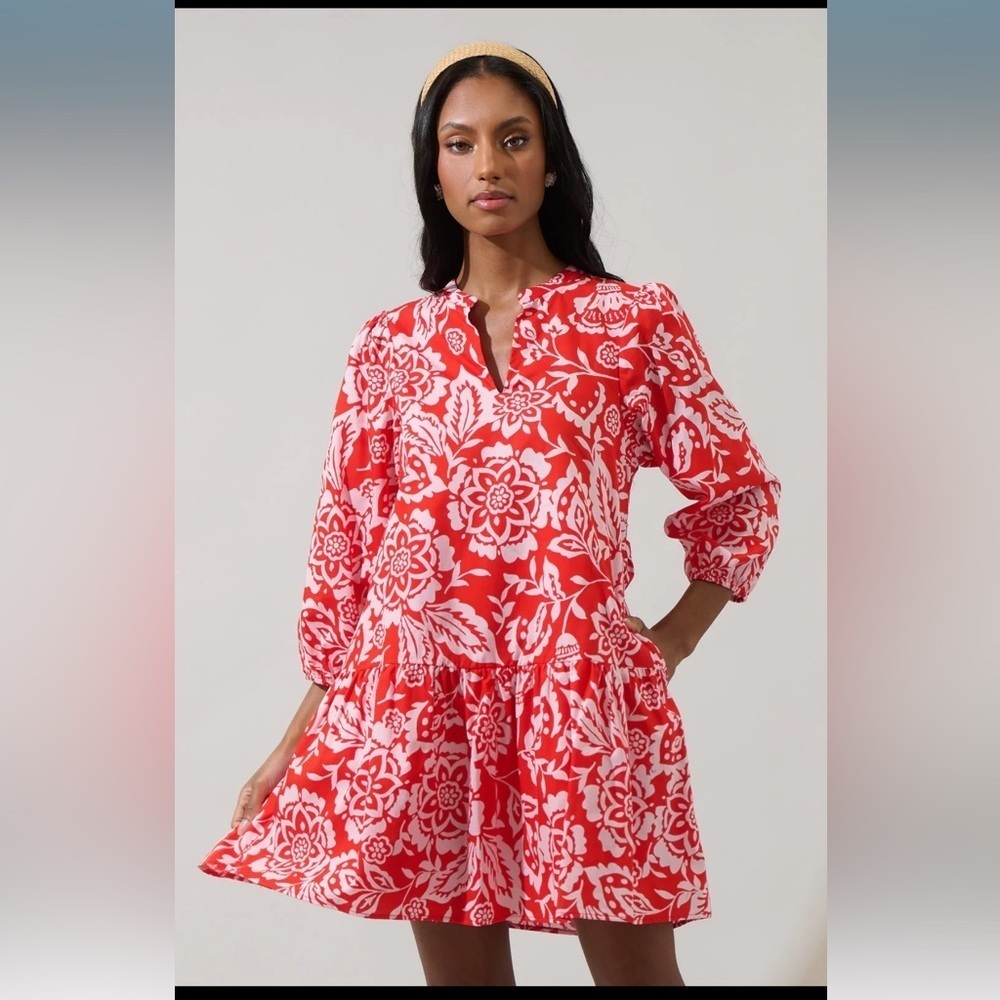 SugarLips Hazen Floral Leola Shift Mini Dress Red Multi - Picture 6 of 8